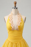 Yellow A-Line Halter Neck Ruffled Ruched Homecoming Dress with Lace Up Back