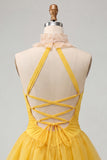 Yellow A-Line Halter Neck Ruffled Ruched Homecoming Dress with Lace Up Back