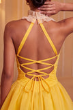 Yellow A-Line Halter Neck Ruffled Ruched Homecoming Dress with Lace Up Back