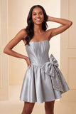 A-Line Mint Green Satin Strapless Lace Up Back Pearl Corset Homecoming Dress with Bow
