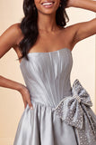 A-Line Mint Green Satin Strapless Lace Up Back Pearl Corset Homecoming Dress with Bow