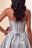 A-Line Mint Green Satin Strapless Lace Up Back Pearl Corset Homecoming Dress with Bow