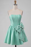 A-Line Mint Green Satin Strapless Lace Up Back Pearl Corset Homecoming Dress with Bow