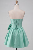 A-Line Mint Green Satin Strapless Lace Up Back Pearl Corset Homecoming Dress with Bow