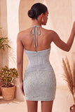 Navy Bodycon Halter Neck Corset Ruched Homecoming Dress with Beading