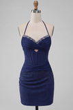 Navy Bodycon Halter Neck Corset Ruched Homecoming Dress with Beading