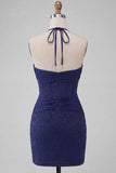 Navy Bodycon Halter Neck Corset Ruched Homecoming Dress with Beading