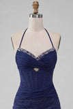 Navy Bodycon Halter Neck Corset Ruched Homecoming Dress with Beading