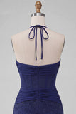Navy Bodycon Halter Neck Corset Ruched Homecoming Dress with Beading