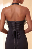 Purple Bodycon Halter Neck Lace Up Back Homecoming Dress with Ruffles
