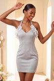 Purple Bodycon Halter Neck Lace Up Back Homecoming Dress with Ruffles