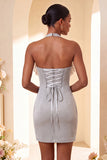 Purple Bodycon Halter Neck Lace Up Back Homecoming Dress with Ruffles
