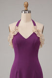 Purple Bodycon Halter Neck Lace Up Back Homecoming Dress with Ruffles