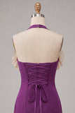 Purple Bodycon Halter Neck Lace Up Back Homecoming Dress with Ruffles