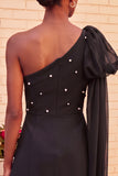 One Shoulder Dark Blue A-Line Pearl Homecoming Dress with Side Cape