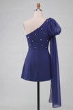 One Shoulder Dark Blue A-Line Pearl Homecoming Dress with Side Cape