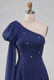 One Shoulder Dark Blue A-Line Pearl Homecoming Dress with Side Cape