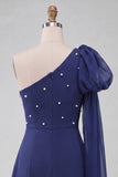 One Shoulder Dark Blue A-Line Pearl Homecoming Dress with Side Cape