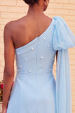 One Shoulder Dark Blue A-Line Pearl Homecoming Dress with Side Cape