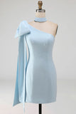 Bodycon One Shoulder Light Blue Pearls Bow Homecoming Dress with Side Cape