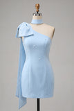 Bodycon One Shoulder Light Blue Pearl Bow Homecoming Dress with Side Cape