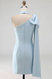 Bodycon One Shoulder Light Blue Pearls Bow Homecoming Dress with Side Cape