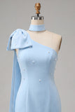 Bodycon One Shoulder Light Blue Pearl Bow Homecoming Dress with Side Cape