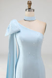 Bodycon One Shoulder Light Blue Pearls Bow Homecoming Dress with Side Cape
