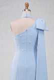 Bodycon One Shoulder Light Blue Pearl Bow Homecoming Dress with Side Cape