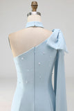 Bodycon One Shoulder Light Blue Pearls Bow Homecoming Dress with Side Cape