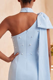 Bodycon One Shoulder Light Blue Pearl Bow Homecoming Dress with Side Cape
