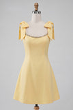 Light Yellow A-Line Bowed Straps Beaded Homecoming Dress with Lace Up Back