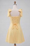 Light Yellow A-Line Bowed Straps Beaded Homecoming Dress with Lace Up Back