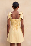 Light Yellow A-Line Bowed Straps Beaded Homecoming Dress with Lace Up Back