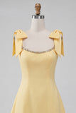 Light Yellow A-Line Bowed Straps Beaded Homecoming Dress with Lace Up Back