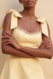 Light Yellow A-Line Bowed Straps Beaded Homecoming Dress with Lace Up Back