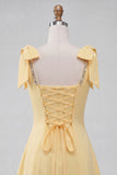Light Yellow A-Line Bowed Straps Beaded Homecoming Dress with Lace Up Back