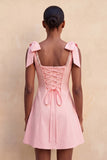 Light Yellow A-Line Bowed Straps Beaded Homecoming Dress with Lace Up Back