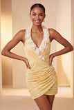 Halter Neck Red Bodycon Ruched Ruffled Glitter Homecoming Dress with Lace Up Back