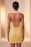 Halter Neck Red Bodycon Ruched Ruffled Glitter Homecoming Dress with Lace Up Back