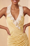 Halter Neck Red Bodycon Ruched Ruffled Glitter Homecoming Dress with Lace Up Back