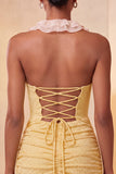 Halter Neck Red Bodycon Ruched Ruffled Glitter Homecoming Dress with Lace Up Back
