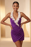 Halter Neck Red Bodycon Ruched Ruffled Glitter Homecoming Dress with Lace Up Back