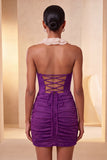 Halter Neck Red Bodycon Ruched Ruffled Glitter Homecoming Dress with Lace Up Back
