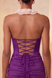 Halter Neck Red Bodycon Ruched Ruffled Glitter Homecoming Dress with Lace Up Back