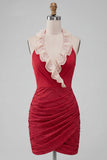 Halter Neck Red Bodycon Ruched Ruffled Glitter Homecoming Dress with Lace Up Back