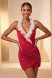 Halter Neck Red Bodycon Ruched Ruffled Glitter Homecoming Dress with Lace Up Back