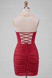 Halter Neck Red Bodycon Ruched Ruffled Glitter Homecoming Dress with Lace Up Back