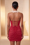 Halter Neck Red Bodycon Ruched Ruffled Glitter Homecoming Dress with Lace Up Back