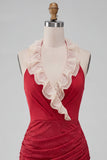 Halter Neck Red Bodycon Ruched Ruffled Glitter Homecoming Dress with Lace Up Back